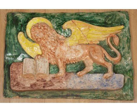 A ceramic plaque depicting a winged lion, signed Bassano, 72cm x 50cmCondition report: Repaired crack running two thirds in a