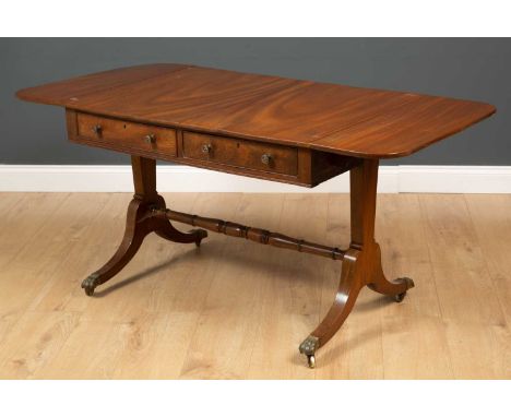 A 19th century mahogany sofa table 96cm wide (flaps down) x 68cm deep x 69cm highCondition report: Slight damage to one brass