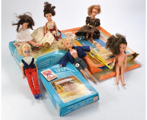 Pedigree Sindy comprising six vintage dolls plus trio of accessory sets as shown. Dolls generally good to very good. 