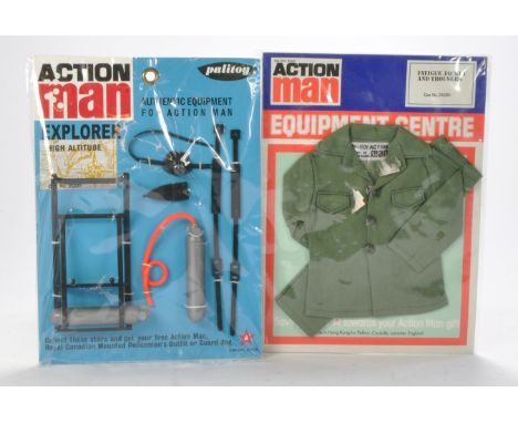 Palitoy Action Man comprising Equipment Centre Fatigue Jacket and Trousers plus reissue Explorer set. 