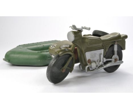 Action man duo of vehicles including Cherilea German Motorcycle and sidecar, plus Dinghy. 