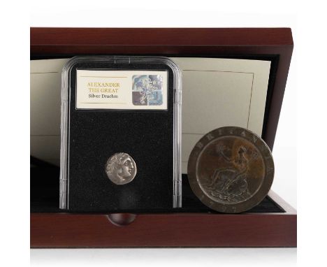 ALEXANDER THE GREAT, 336-35 BC Silver drachm, in plastic case, boxed along with a 1797 cartwheel twopenceQty: 2The Drachm mea