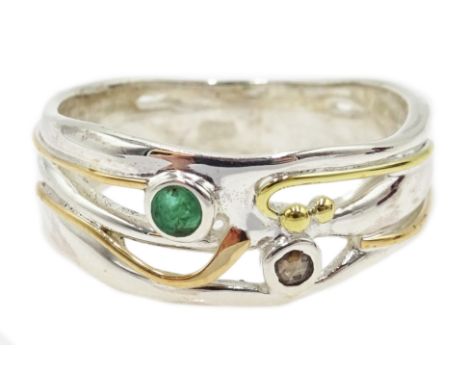 Silver with 14ct gold wire diamond and emerald ring, stamped 925 Condition Report Click here for further images, condition, a