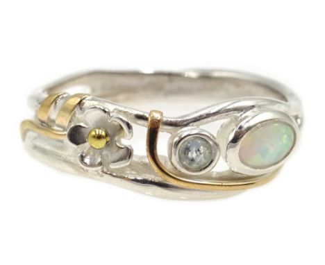 Silver and 14ct gold wire opal and topaz ring, stamped 925 Condition Report Click here for further images, condition, auction