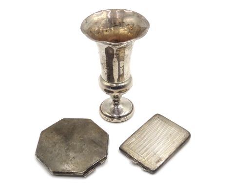 Silver compact, match holder, engine turned decoration and a weighted posy vase all hallmarked Condition Report Click here fo