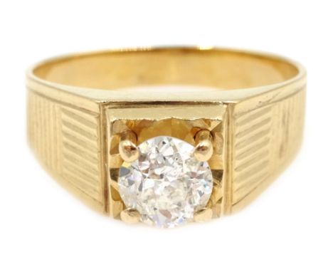 18ct gold (tested) single stone old cut diamond ring, stepped setting with engine turned shoulders, diamond approx  0.7 carat