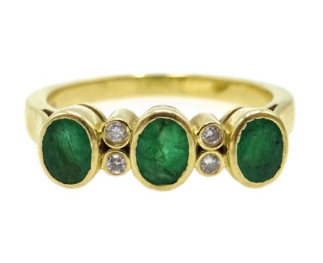 Gold three stone emerald and four stone diamond ring, stamped K18 Condition Report Approx 3.9gm, size LClick here for further