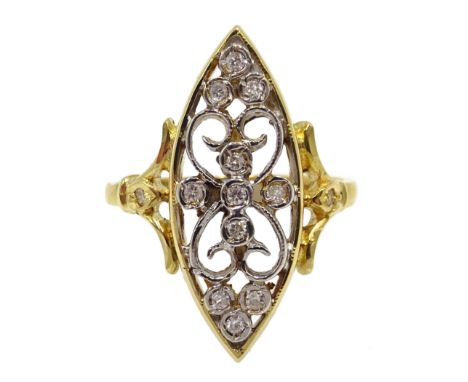 18ct gold diamond set, openwork marquise shape ring, hallmarked Condition Report 7.4gm, size P-Q, head length = 25mmClick her