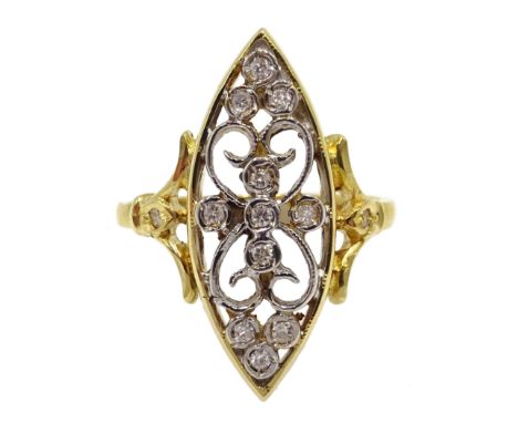 18ct gold diamond set, openwork marquise shape ring, hallmarked Condition Report 7.4gm, size P-Q, head length = 25mmClick her