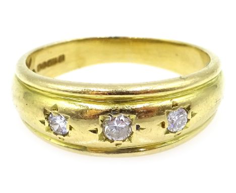 18ct gold three stone gypsy set diamond ring, hallmarked  Condition Report Approx 5.7gm, size QClick here for further images,