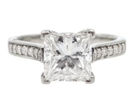 Platinum princess cut diamond ring, with round brilliant cut diamond set shoulders, hallmarked, central princess cut diamond 
