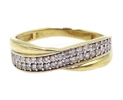 Gold double row diamond crossover ring, stamped 9K Condition Report Approx 1.4gm , size J-KClick here for further images, con