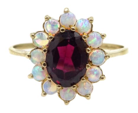 9ct gold opal and garnet cluster ring, hallmarked Condition Report Approx 1.7gm, size O-PClick here for further images, condi