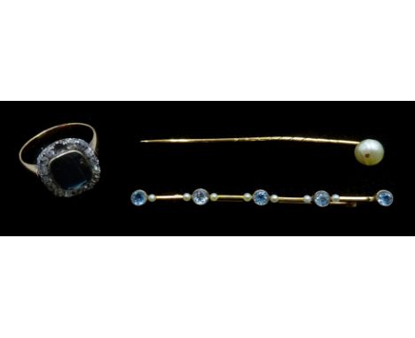 15ct gold (tested) sapphire and old cut diamond cluster ring, Edwardian gold aquamarine and seed pearl bar brooch, stamped 9c