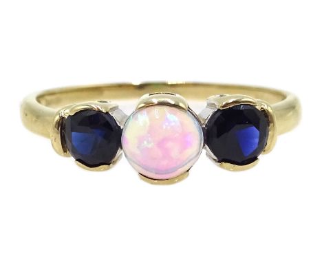 9ct gold three stone sapphire and opal ring, hallmarked Condition Report Approx 1.8gm, size N-OClick here for further images,