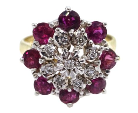 Gold ruby and diamond cluster ring, hallmarked 9ct  Condition Report Approx 4.2gm, size M, head diameter = 15mm 