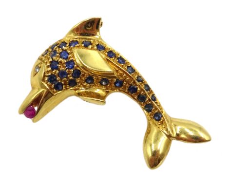 Sapphire, ruby and diamond gold dolphin pendant brooch, stamped 750  Condition Report Approx 10.3gm, length = 40mm Click here