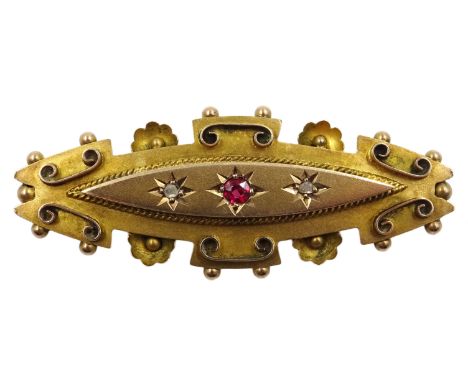 Victorian gold diamond and ruby bar brooch, Birmingham 1885  Condition Report Approx 4.1gm, back pin not gold, length = 47mm 