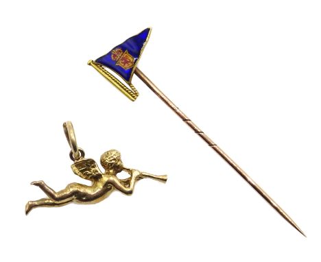 18ct gold and enamel Scottish pennant stick pin and a 9ct gold cherub charm hallmarked Condition Report charm 3gmClick here f