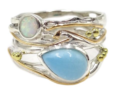 Silver with 14ct gold wire opal and larimar ring, stamped 925 Condition Report Click here for further images, condition, auct