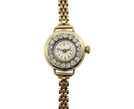 Swiss ladies gold manual wind wristwatch, old cut diamond bezel, case by Robert John Pike, stamped 18K, on later gold link br