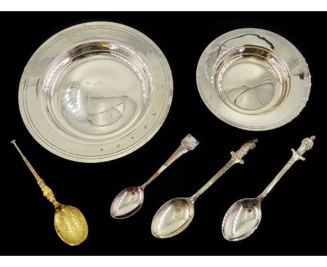 Shop stock: Silver Armada dish 13cm and a smaller dish, two anointing spoons, silver gilt apostle spoon and a shamrock coffe 