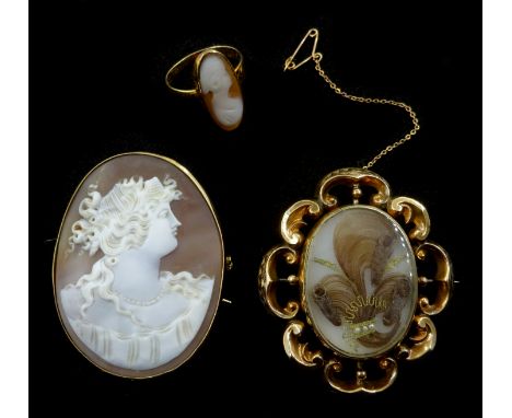 Gold mounted cameo brooch, Victorian gold mounted mounted mourning brooch, both unmarked and a cameo ring, stamped 18ct Condi