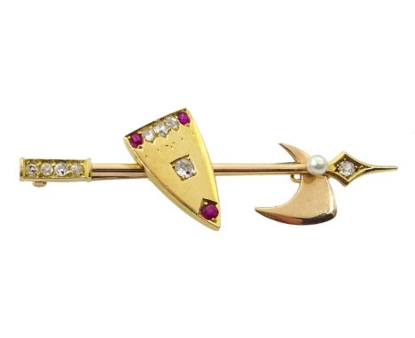 Victorian gold shield and axe bar brooch, set with three rubies, eight diamonds and a pearl, dated 1896, Rd 29123 Condition R