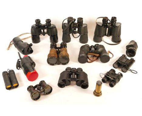 A collection of binoculars, makers to include, Janik, Super Zenith, and Ross. (1 box)
