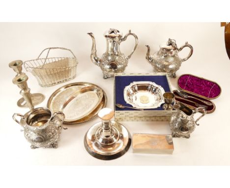 A collection of homewares, to include, platedware, glassware, a table lamp and a new unused six branch glass ceiling chandeli