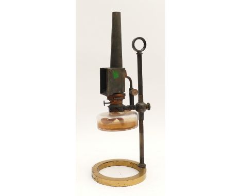 An early twentieth century microscope oil lamp, the brass base stamped 'C Baker. 244 High Holborn. London', H-35cm.