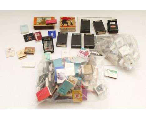 Seven cased Zippo cigarette lighters, together with a collection of all world advertising matchboxes and 26 Clivedon Collecti