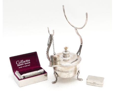 A silver plated brandy warmer, together with a, a silver plate Gillette safety razor and blade case.