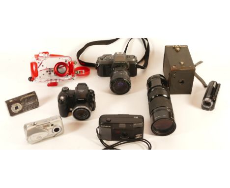 A collection of cameras and camera accessories, to include, Pentax P30T, Olympus C-350 Zoom and Fujifilm S5500. (1 box)
