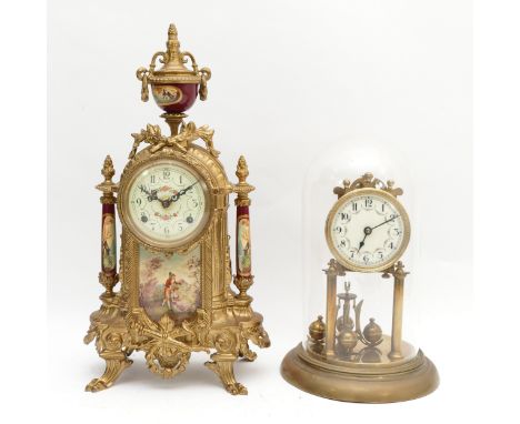 An Italian gilt brass mantel clock, with an enamel dial, painted with roses and Arabic Numerals, decorated with a transfer pr
