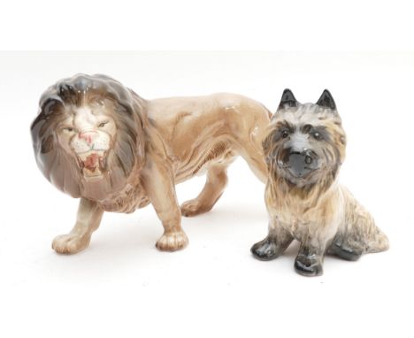 A Melba Ware model of a roaring lion, L-25cm, together with a Sylvac terrier, sticker to the base, a nineteenth century figur