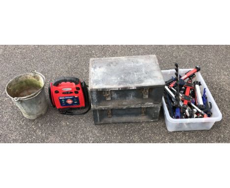 A Sealey 12v Roadstart powerpack, a galvanised bucket, two metal storage boxes with handles 52cm (w) x 35cm (d) x 19.5cm (h) 