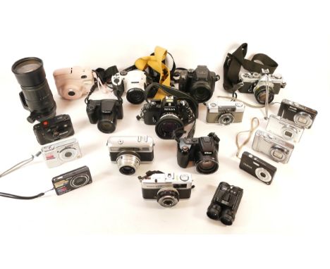 A collection of cameras and camera accessories, to include, a Nikon M90, Instax Mini 11, and Olympus OM-1N. (1 box)