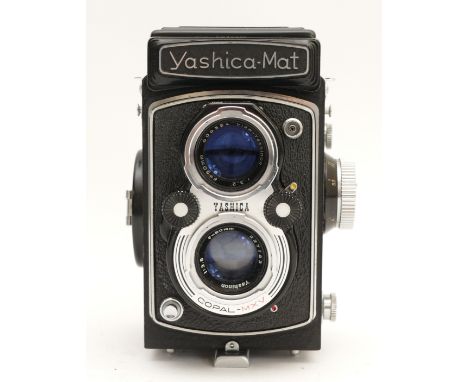 A Yashica Mat TLR camera, with Yashinon f/3.2 80mm and Yashinon f/3.5 80mm lenses, marked '641471', in leather case.