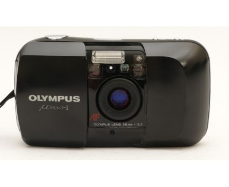 An Olympus MJU 1 compact 35mm camera, in soft case.