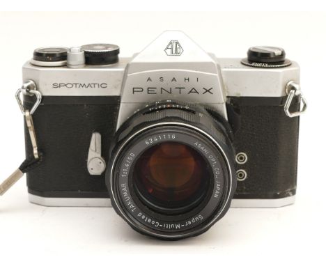 An Asahi Pentax Spotmatic film camera, with an Asahi f/1.4 50mm lens.