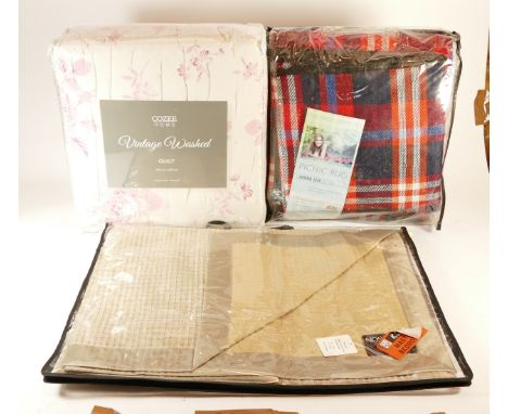 Jim Thompson waffle throw, beige with satin edge trim. Together with a Cozee Home vintage washed, king size floral pink quilt