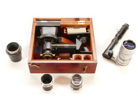 A Carl Zeiss Jena, no. 1938, photo micrographic plate camera, together with four antique lenses, a Bell &amp; Howell - Angeni