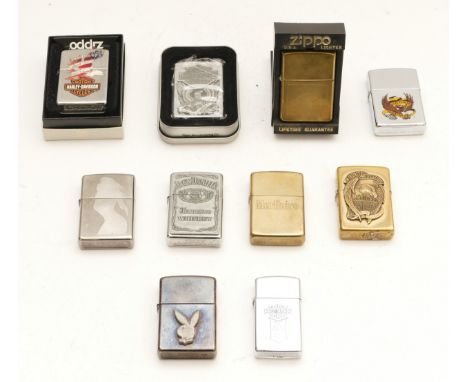 A collection of ten Zippo pocket cigarette lighters, to include branded Harley Davidson, Jack Daniels, Marlboro, and Playboy.