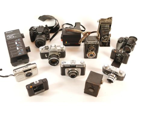A collection of cameras and camera accessories, to include, Ilford Sportoman, Canon FX, and Canon EOS 400D. (1 box)