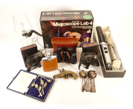 A Thomas Salter, boxed microscope Lab 4, together with a zoome scope, cased binoculars, hip flask and cutlery.