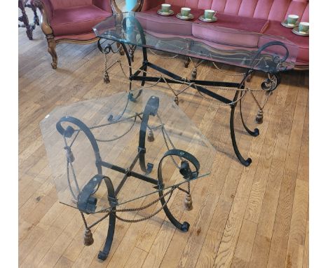Two matching contemporary Italian tables, comprising a console table and drinks table, having bevel edged glass tops over scr