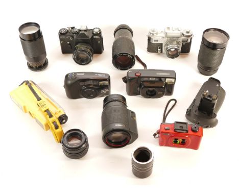 A collection of cameras and camera accessories, to include, a Fuji DL-160 compact camera, a Canon AC f/4.5 75-200mm zoom lens