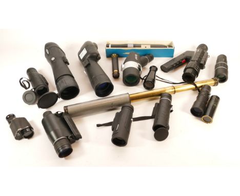 A collection of spotting scopes, makers to include, Bushnell, Zennox, and Nikula. (1 box)