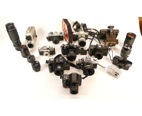 A collection of cameras and camera accessories, to include, Pentax MZ-7 and Fujica ST605N. (1 box)